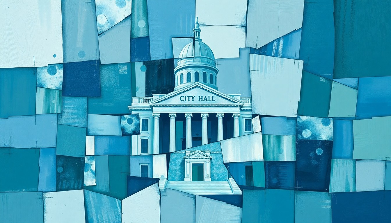 A fractured, abstract painting in shades of blue, grey, and green depicting an indistinct government building or office, with overlapping, repeating geometric shapes and lines conveying a sense of disruption and chaos.