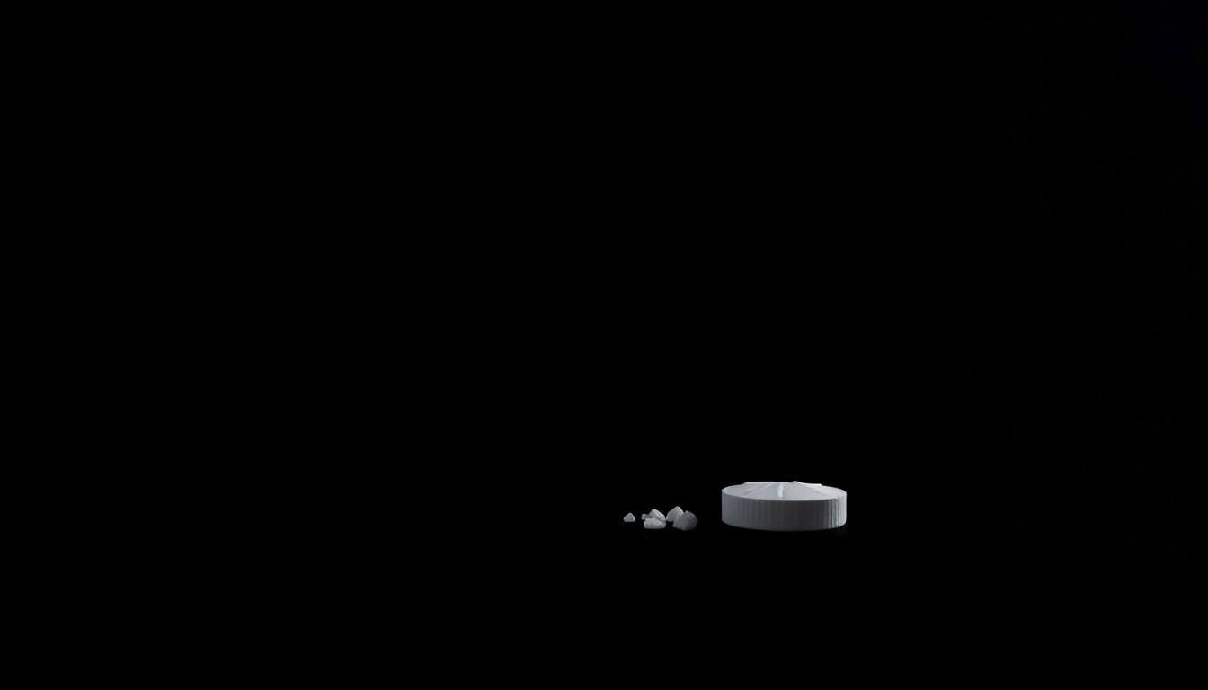 An extreme close-up photograph of a single methamphetamine tablet against a pitch-black background, lit by a harsh, direct camera flash, conceptually illustrating the gritty reality of drug crime.