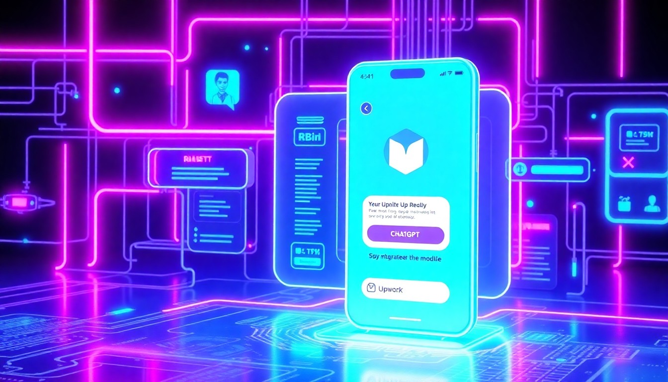 A highly detailed, glowing 3D illustration of a ChatGPT interface with an Upwork app module integrated, featuring neon cyan and magenta lights illuminating the digital infrastructure, conceptually representing the convergence of AI and human-powered work.