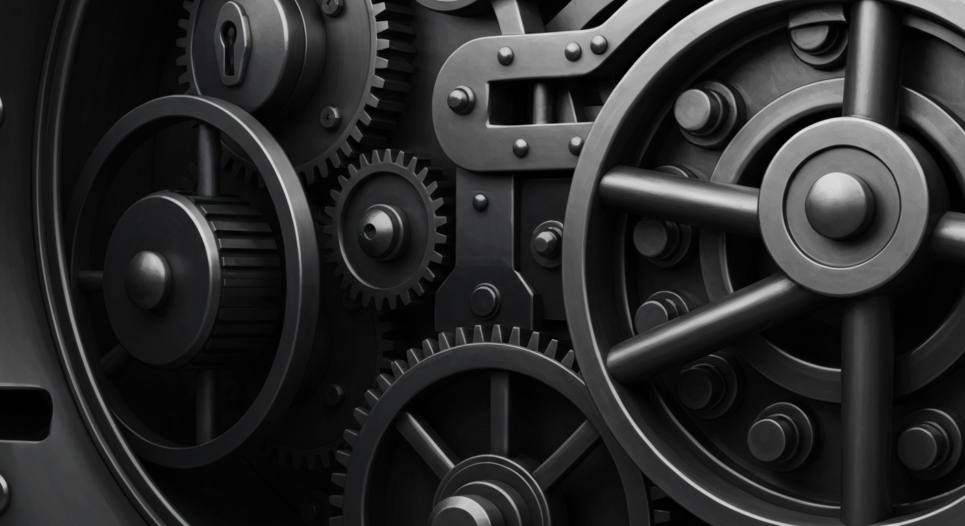 An extreme close-up of the complex mechanisms and heavy steel components inside a bank vault, conveying the secure and robust nature of the banking industry's infrastructure.