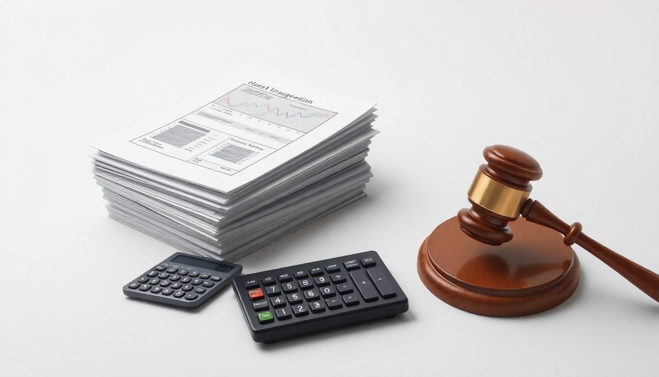 A photorealistic studio still life featuring a stack of financial reports, a calculator, and a gavel on a clean, monochromatic background, conceptually representing the abstract themes of corporate finance, legal disputes, and the importance of transparency.