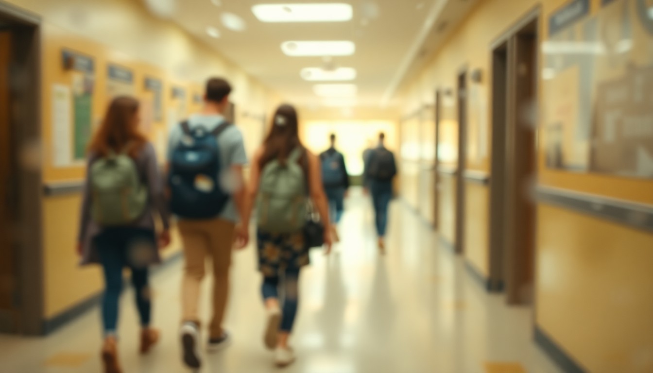 An abstract, out-of-focus scene of students walking through a school hallway, with soft, warm pools of color and light, conceptually representing the disruption caused by the decision to cancel classes on May 1.
