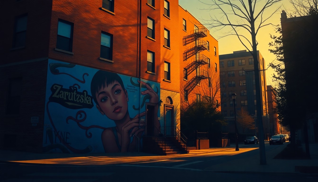A photorealistic painting of a large mural depicting a young woman's face on the side of a downtown apartment building, with warm sunlight casting dramatic shadows across the textured wall.