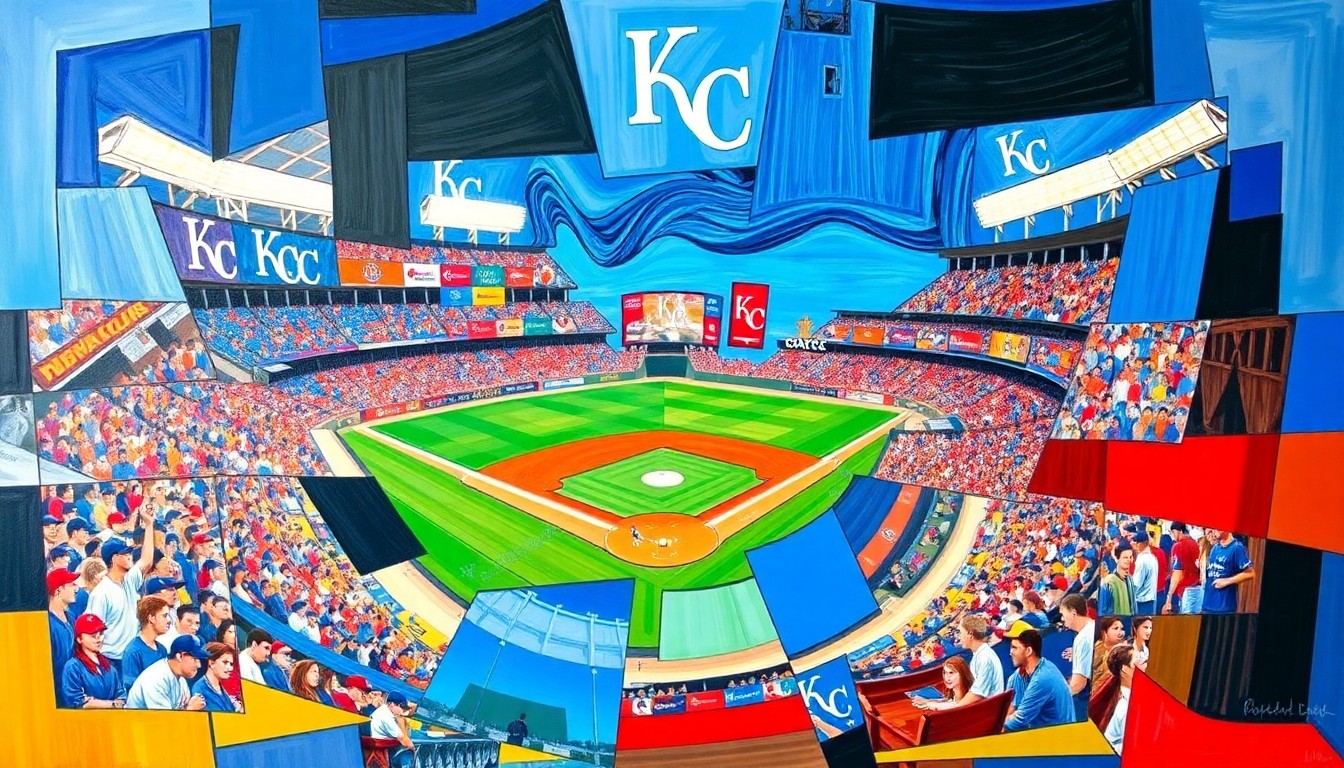 A cubist-style painting depicting a fragmented baseball stadium scene with sharp geometric shapes in the Royals' team colors of blue, red, and gold, conveying the energy and excitement of a new downtown development project.