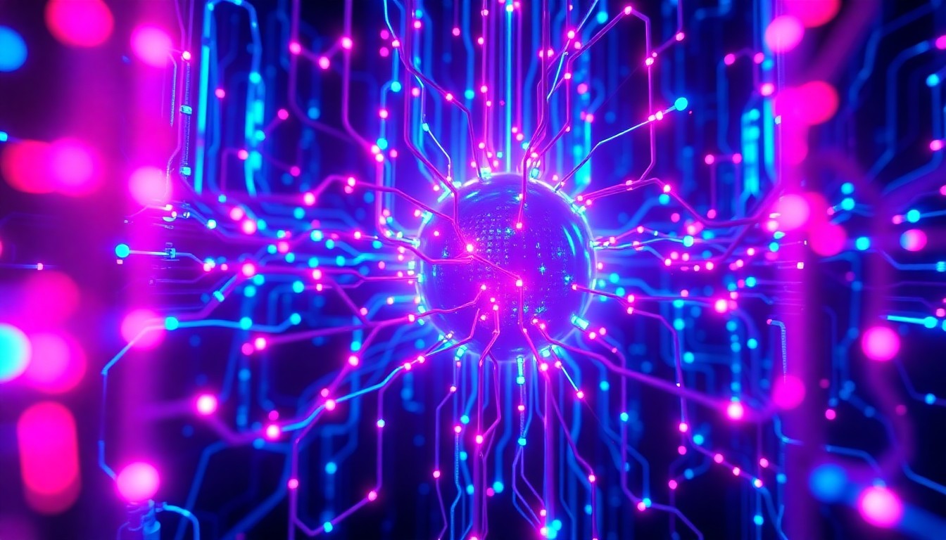 A highly detailed, glowing 3D illustration of an intricate AI neural network infrastructure, with pulsing neon lights representing the flow of data, conceptually illustrating the power and complexity of advanced AI technology.