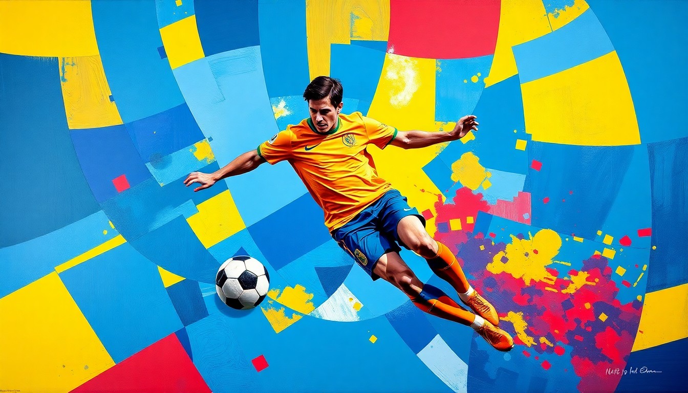 A fragmented, geometric painting depicting a soccer player in mid-motion, with sharp planes of color and overlapping perspectives conveying the raw energy and athleticism of the sport.