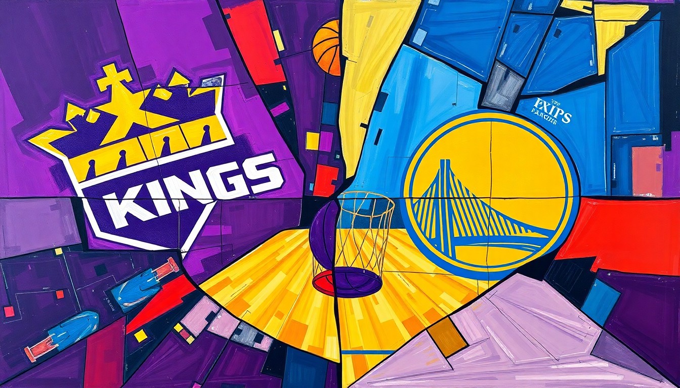 A fractured, geometric painting in the style of Pablo Picasso, depicting a basketball game between the Sacramento Kings and Golden State Warriors through sharp, overlapping planes of vibrant purple, blue, and gold.