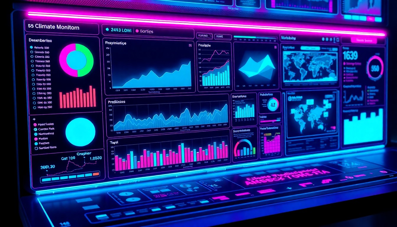 A highly detailed, glowing 3D illustration of a futuristic climate monitoring and risk analysis dashboard, with neon cyan and magenta lights illuminating the various data visualizations and AI-powered predictive models, conceptually representing the advanced technological solutions being developed to help organizations better understand and manage climate-related risks.