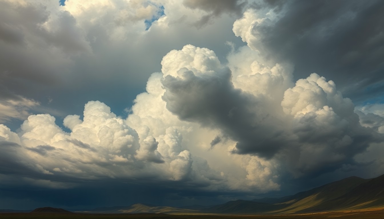 A sweeping, atmospheric landscape painting in the style of Caspar David Friedrich, featuring a dramatic, stormy sky with heavy, turbulent clouds dominating the scene and dwarfing any physical structures or objects below, conveying the overwhelming, sublime power of the natural world.