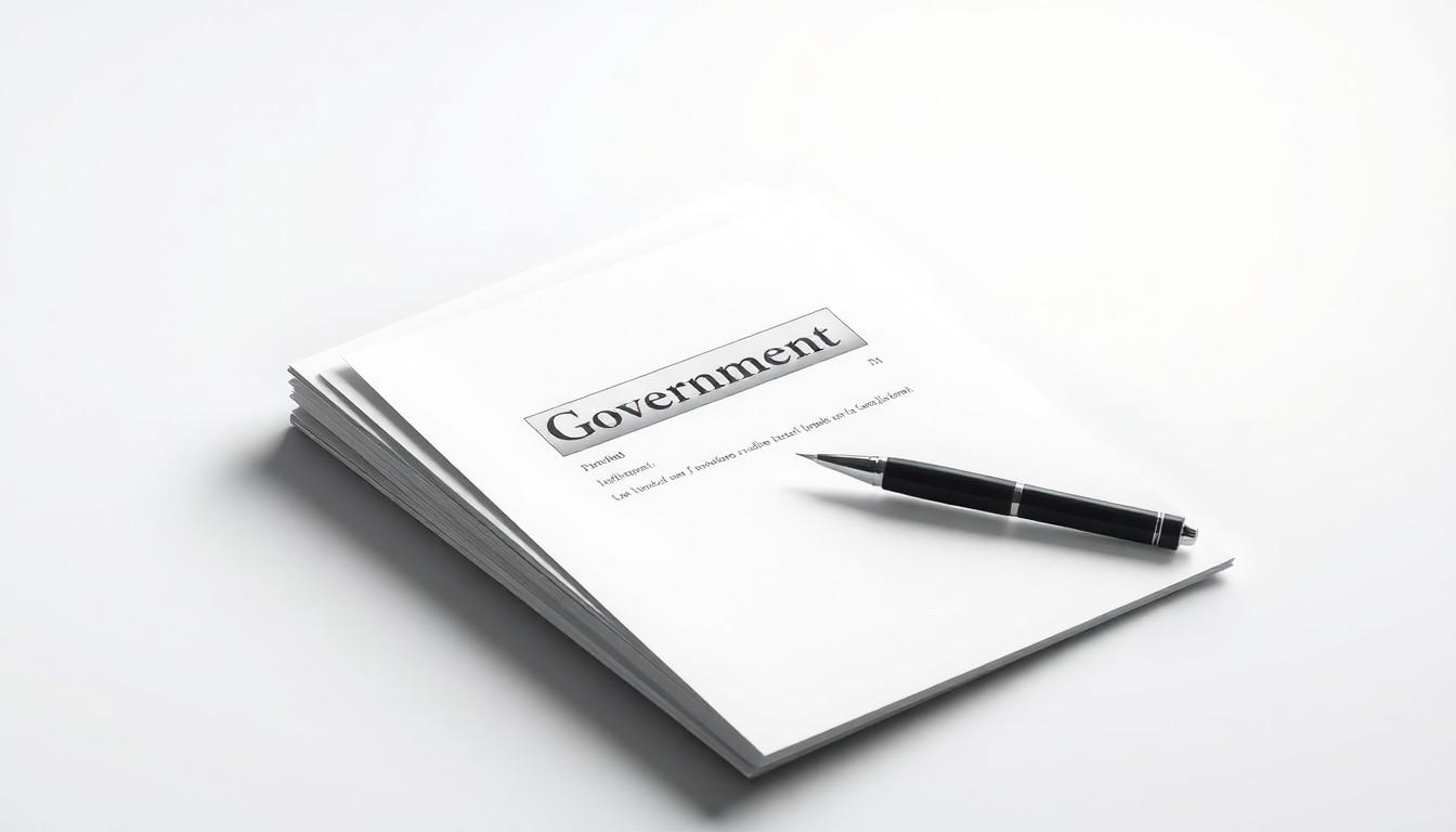 A minimalist studio still life photograph featuring a stack of government documents, a nameplate, and a pen arranged elegantly on a clean, monochromatic background, conceptually representing the abstract ideas of public service and career opportunities in state government.