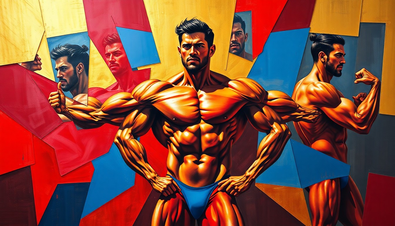 A fragmented, geometric painting depicting the muscular poses and movements of a bodybuilder, with bold colors and sharp, overlapping shapes conveying the energy and dynamism of the sport.