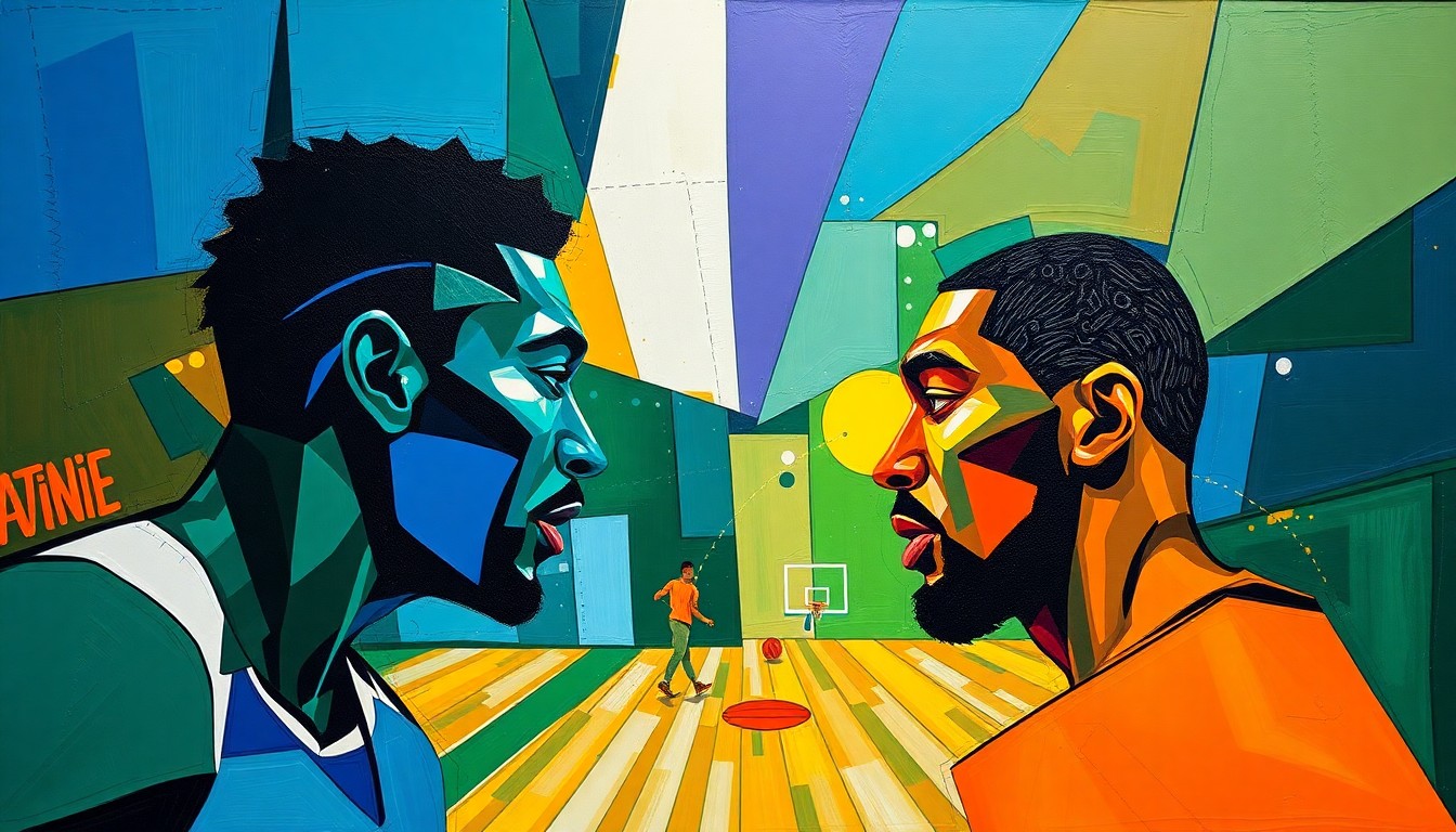 A cubist, geometric painting depicting the dynamic movements and plays of two basketball players, their forms fractured and abstracted into overlapping planes of vivid color.