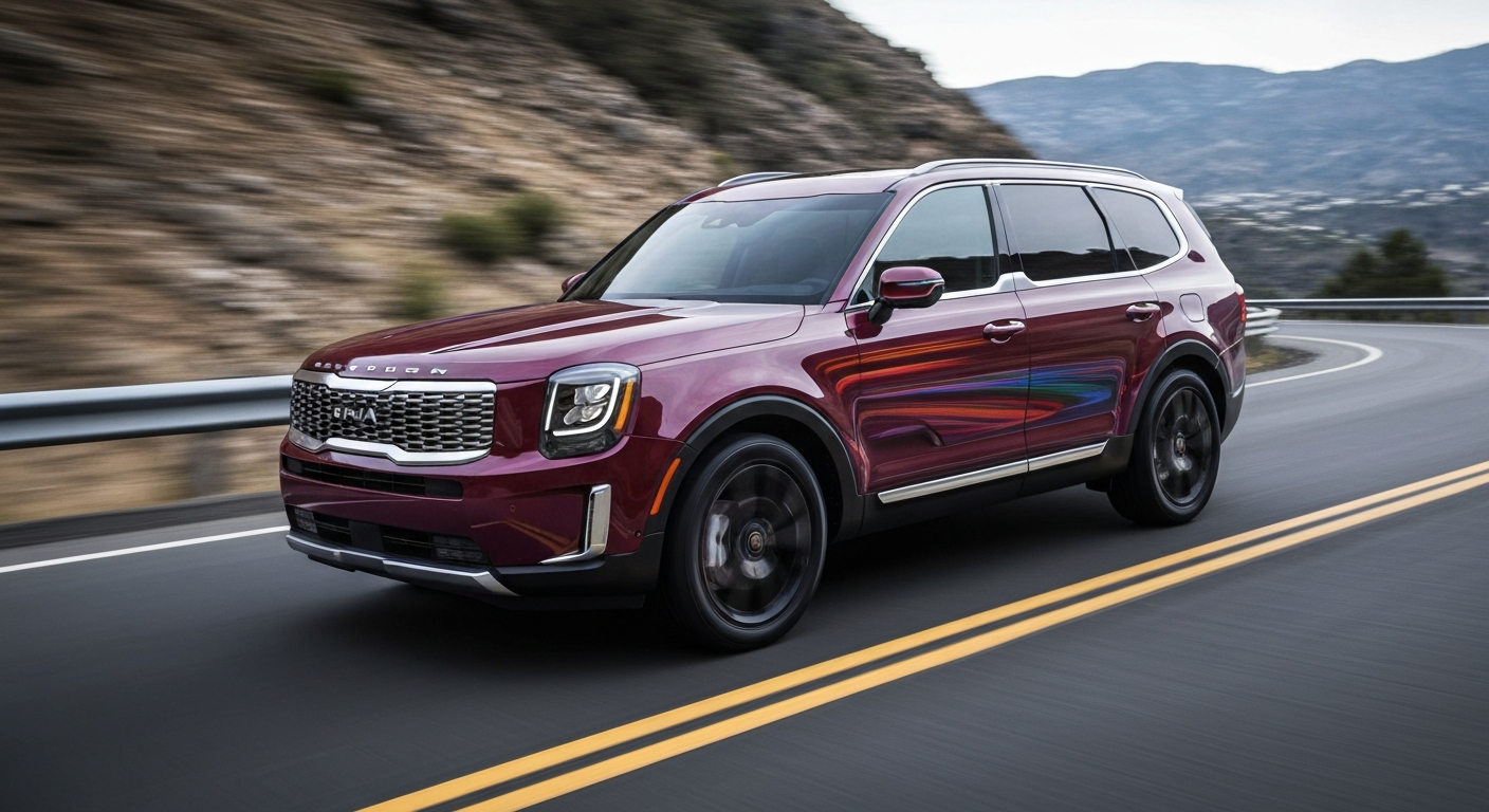 An abstract, blurred image of a Kia Telluride SUV speeding down a winding road, with vibrant streaks of color representing the vehicle's dynamic motion and modern engineering.