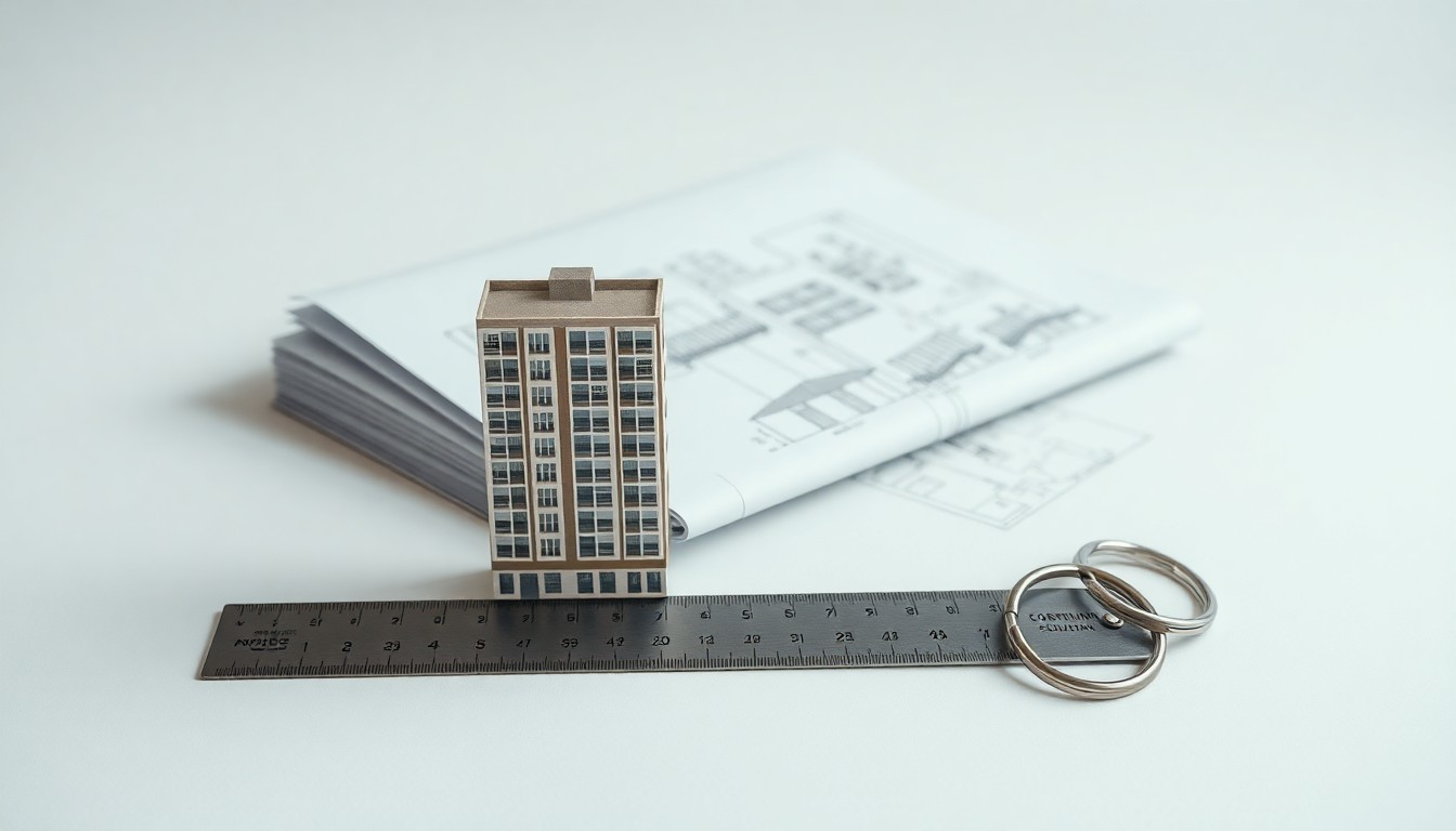 A minimalist studio still life photograph featuring architectural blueprints, a metal ruler, and a polished apartment-shaped key fob, conceptually representing real estate development and community growth.