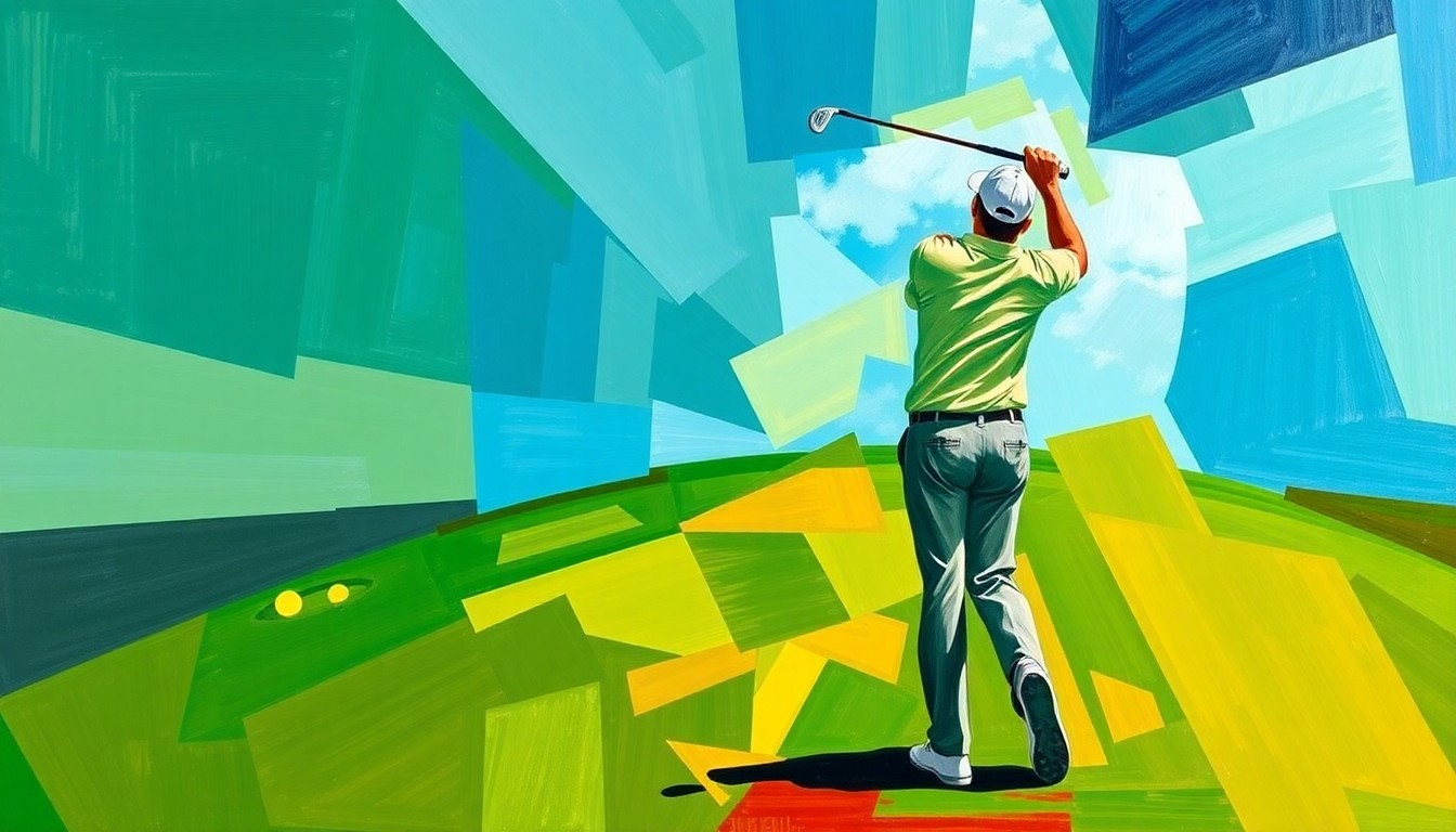 A cubist, geometric painting depicting a golfer's swing or a golf course scene, with sharp, overlapping planes of color representing the dynamic motion and energy of the sport.