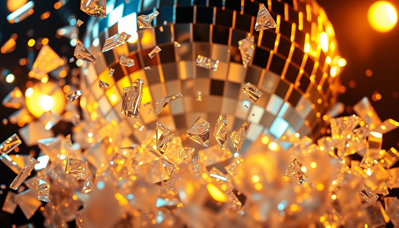 An extreme close-up photograph of shattered, glittering disco ball glass fragments reflecting dramatic studio lighting, conceptually representing the glamour and intensity of the entertainment industry.