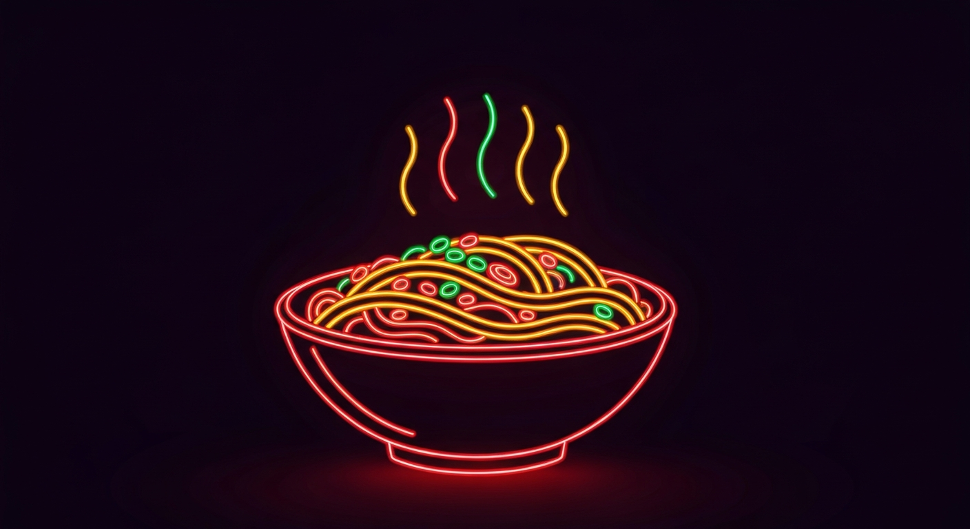 A minimalist illustration defined by bright neon lines outlining the shape of a spicy bowl of noodles, conceptually representing the dangers of viral social media food trends.