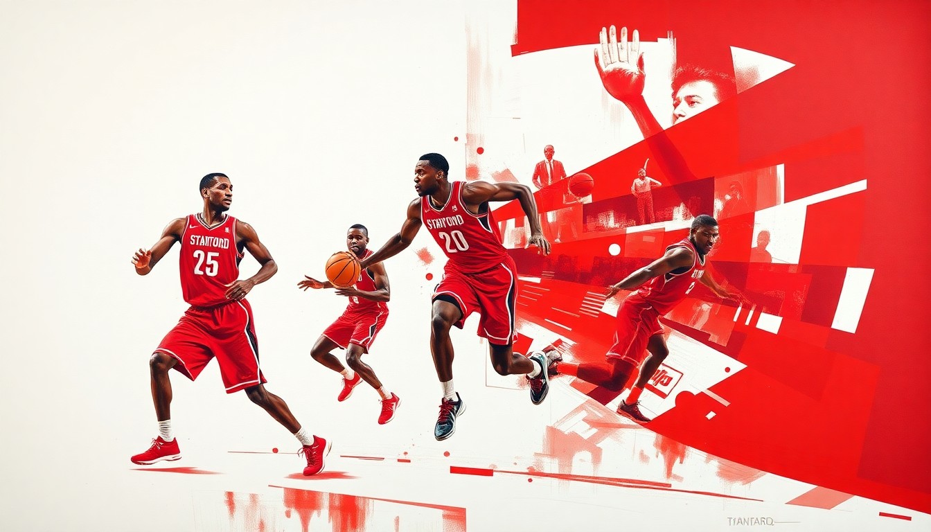 A cubist, geometric painting featuring overlapping planes of red and white, conceptually representing the dynamic basketball skills and movements of Stanford freshman Ebuka Okorie.