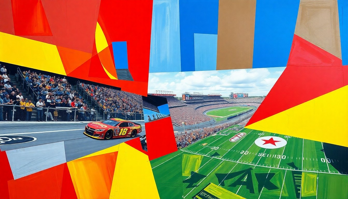 A vibrant, cubist-style painting depicting fragmented, overlapping geometric shapes and planes of color representing a NASCAR race and a college football game, conveying the energy and excitement of both sports.