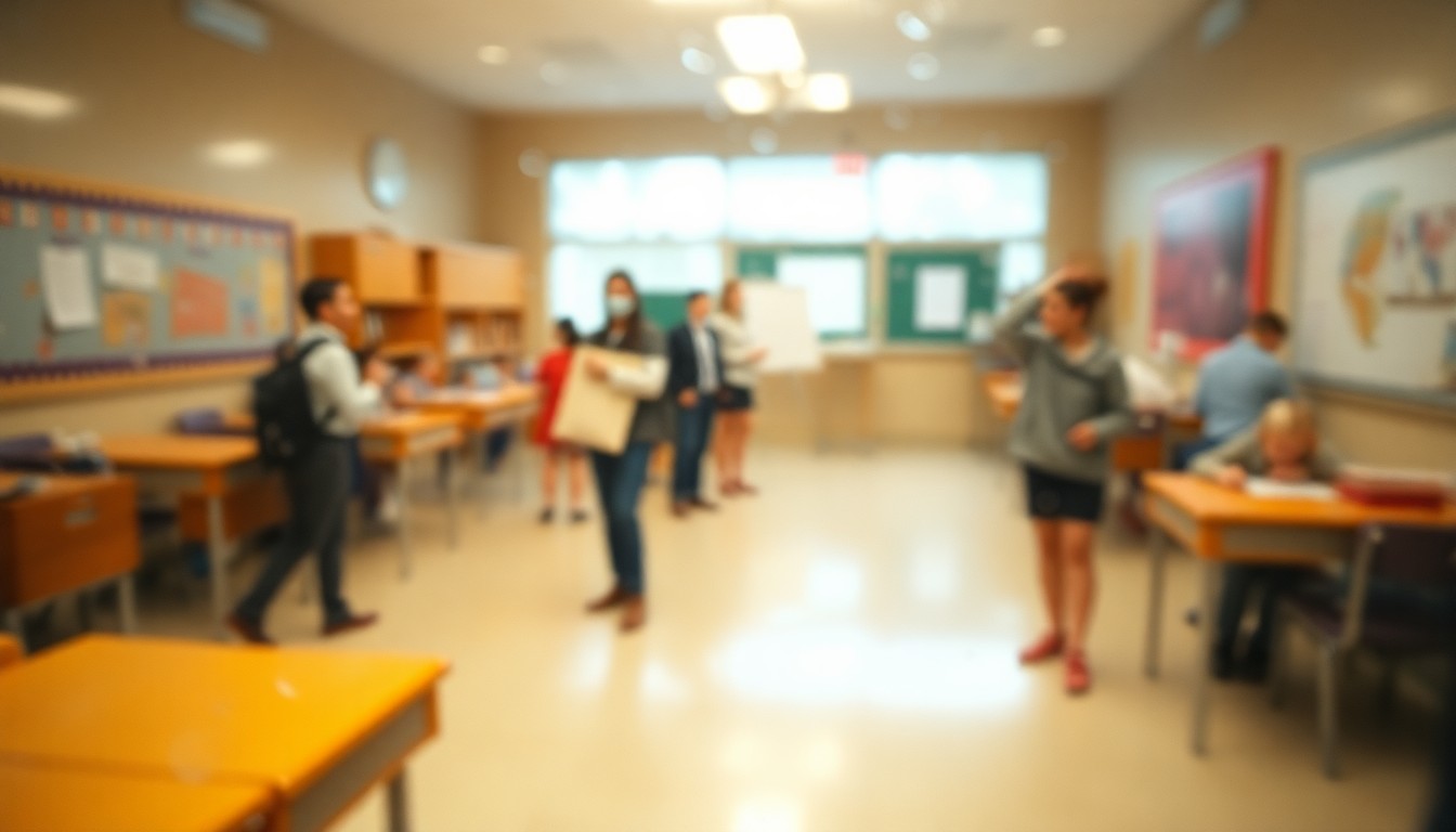 An abstract, impressionistic image of blurred school-related objects and figures, conveying the mood of a thoughtful, community-driven discussion about education.