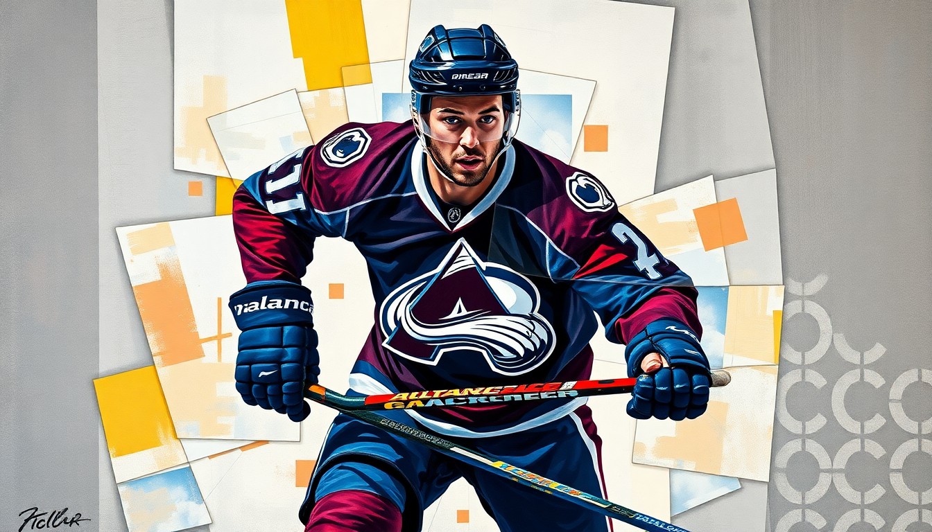 A cubist, geometric painting depicting a hockey player in action, with their jersey featuring the Avalanche logo but their face and other details obscured, conveying the uncertainty surrounding Kadri's injury and the team's playoff push.