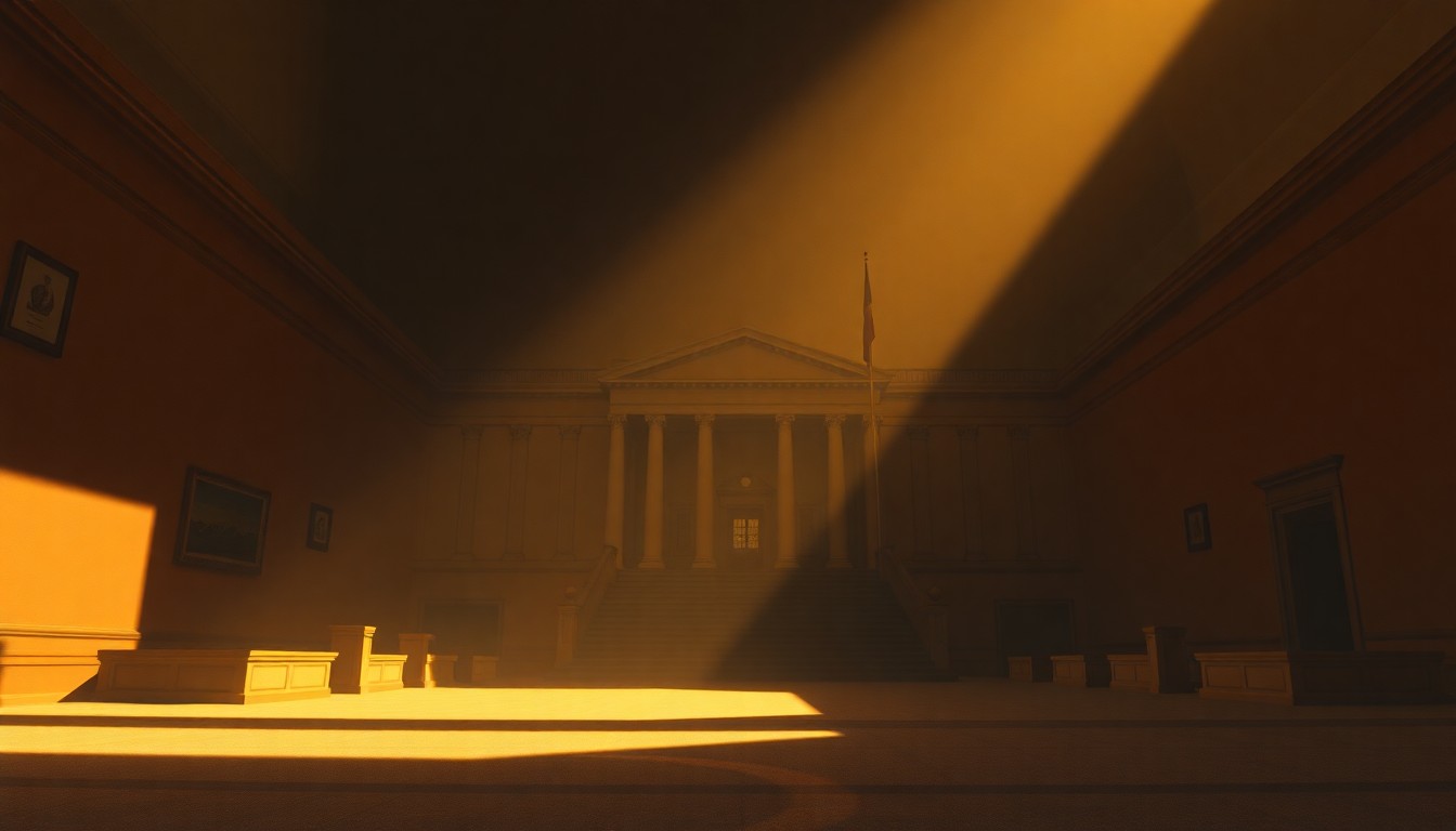 A dimly lit, atmospheric painting of an empty government building or legislative chamber, with warm light streaming through the windows and deep shadows cast across the walls, conveying a sense of quiet contemplation and the weight of political decision-making.