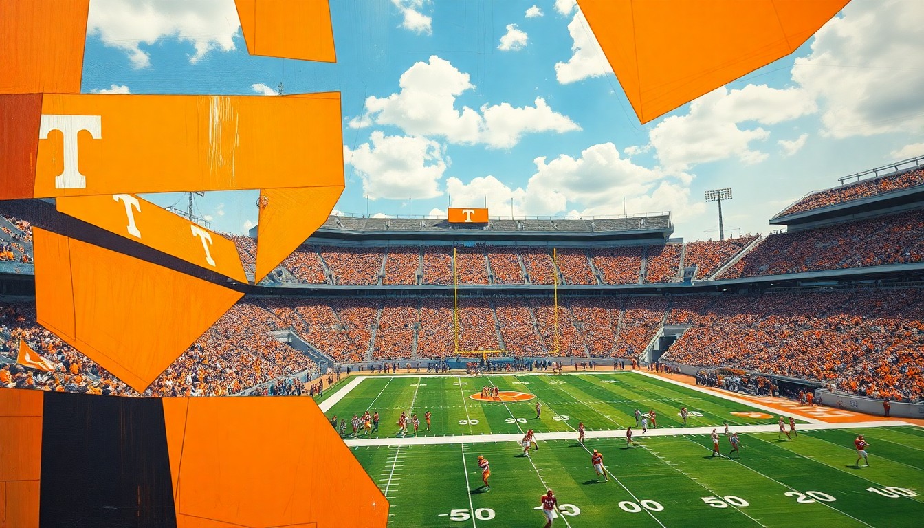 A cubist, geometric painting depicting a fragmented football stadium with players on the field, rendered in the bright orange, white, and blue colors of the University of Tennessee Volunteers.