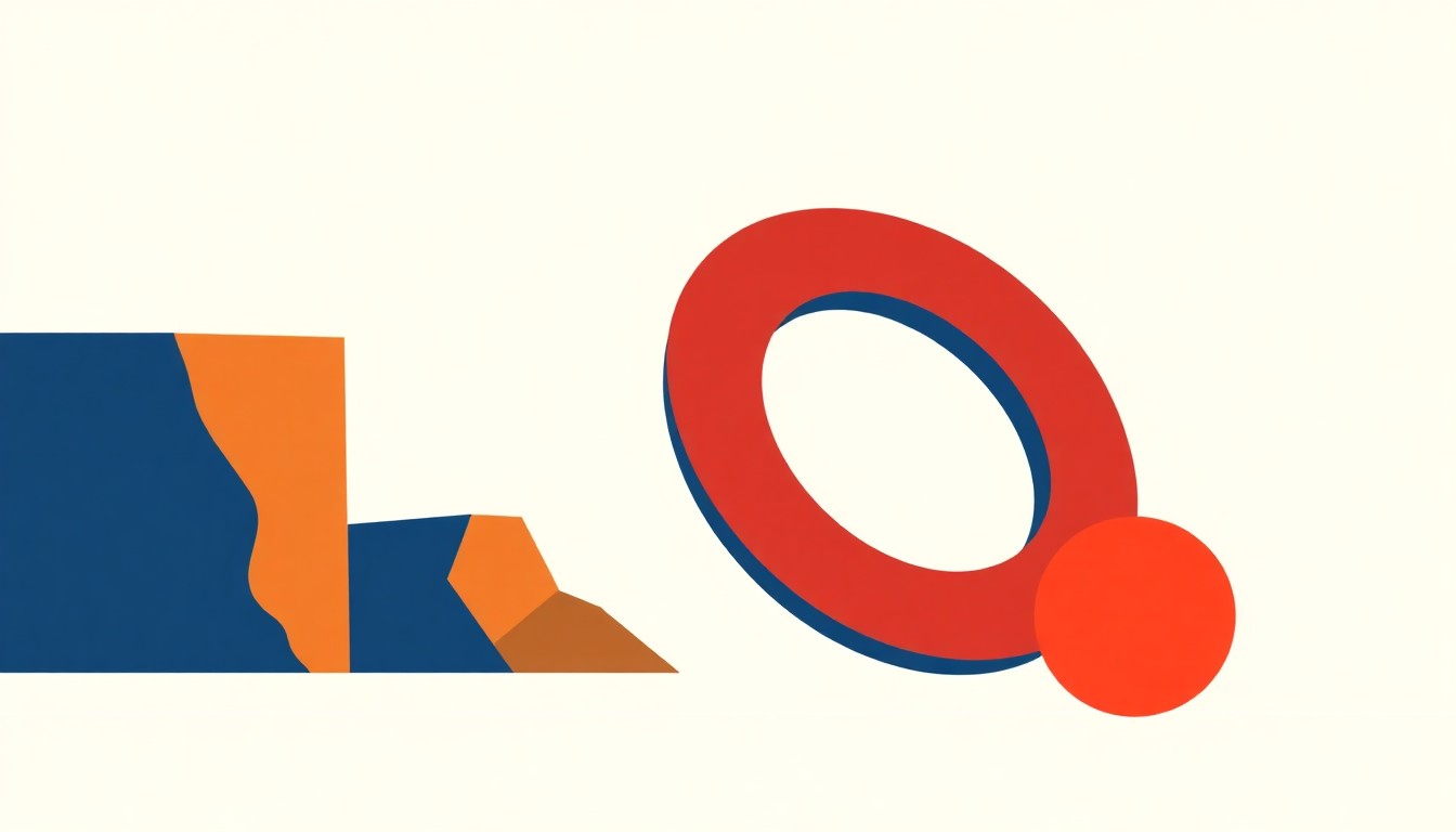 A geometric abstract illustration using bold shapes and primary colors to conceptually represent the importance of rare-earth magnet production to the U.S. economy.