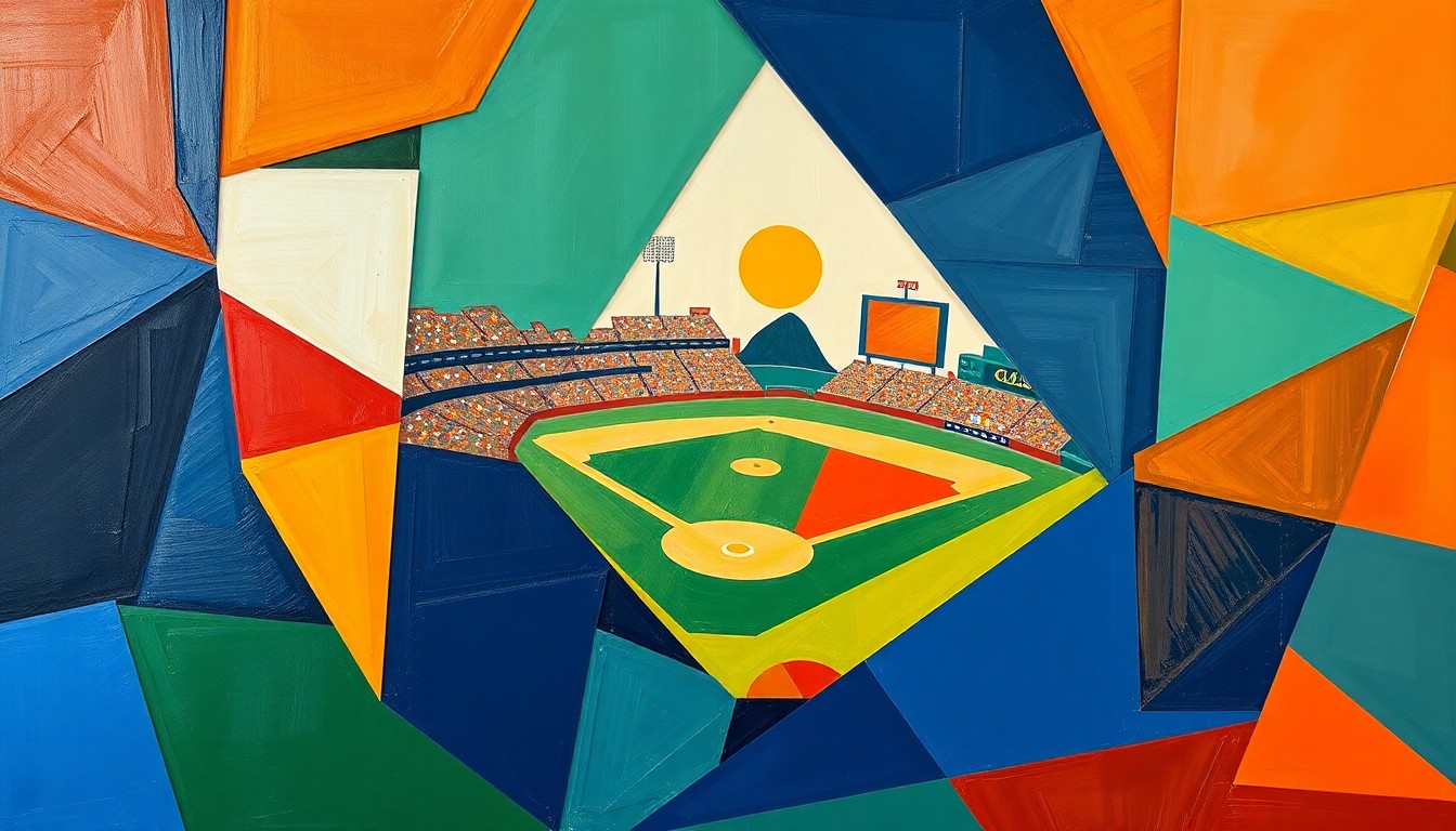 A cubist-style painting depicting a baseball game broken down into overlapping geometric shapes and planes in navy, green, and orange tones, conveying the dynamic action and competition of the sport.