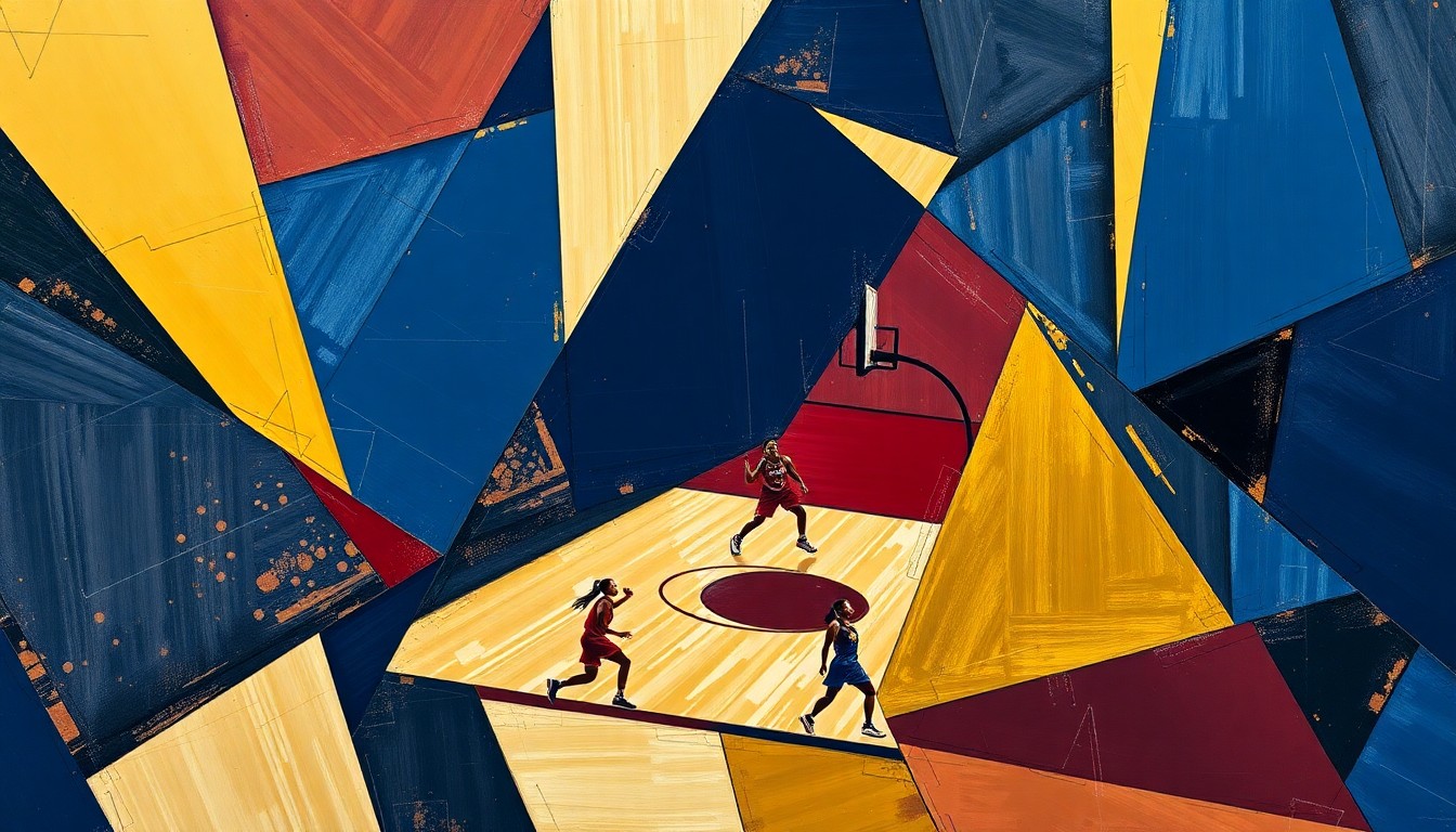 A fragmented, geometric painting in navy, maroon, and gold tones, capturing the motion and intensity of a women's basketball game through Cubist-inspired shapes and planes.