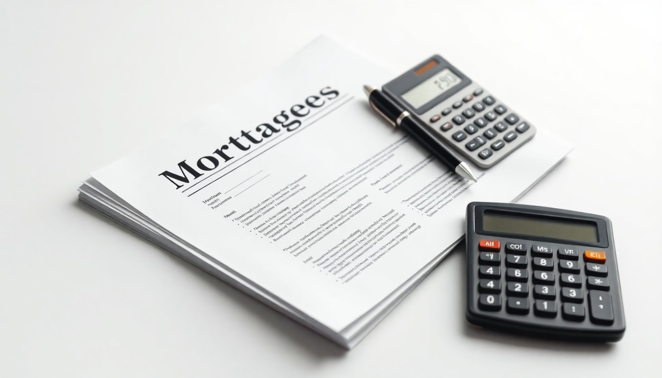 A minimalist studio photograph featuring a stack of mortgage documents, a pen, and a calculator arranged on a clean white background, symbolizing the precision and professionalism of the top mortgage loan originators.