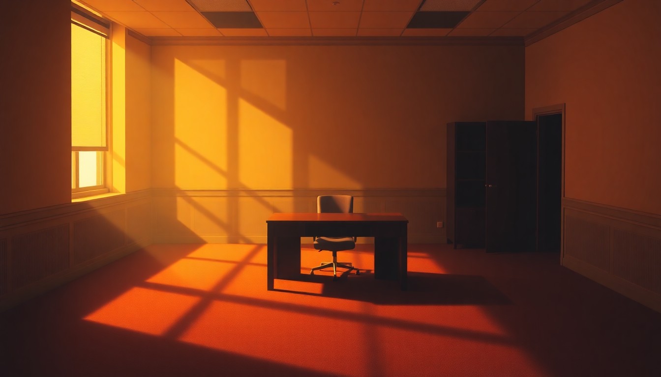 A quiet, cinematic painting of a solitary government office interior, with a lone desk and chair bathed in warm, diagonal sunlight and deep shadows, conceptually illustrating the competitive and uncertain nature of the Iowa governor's race.