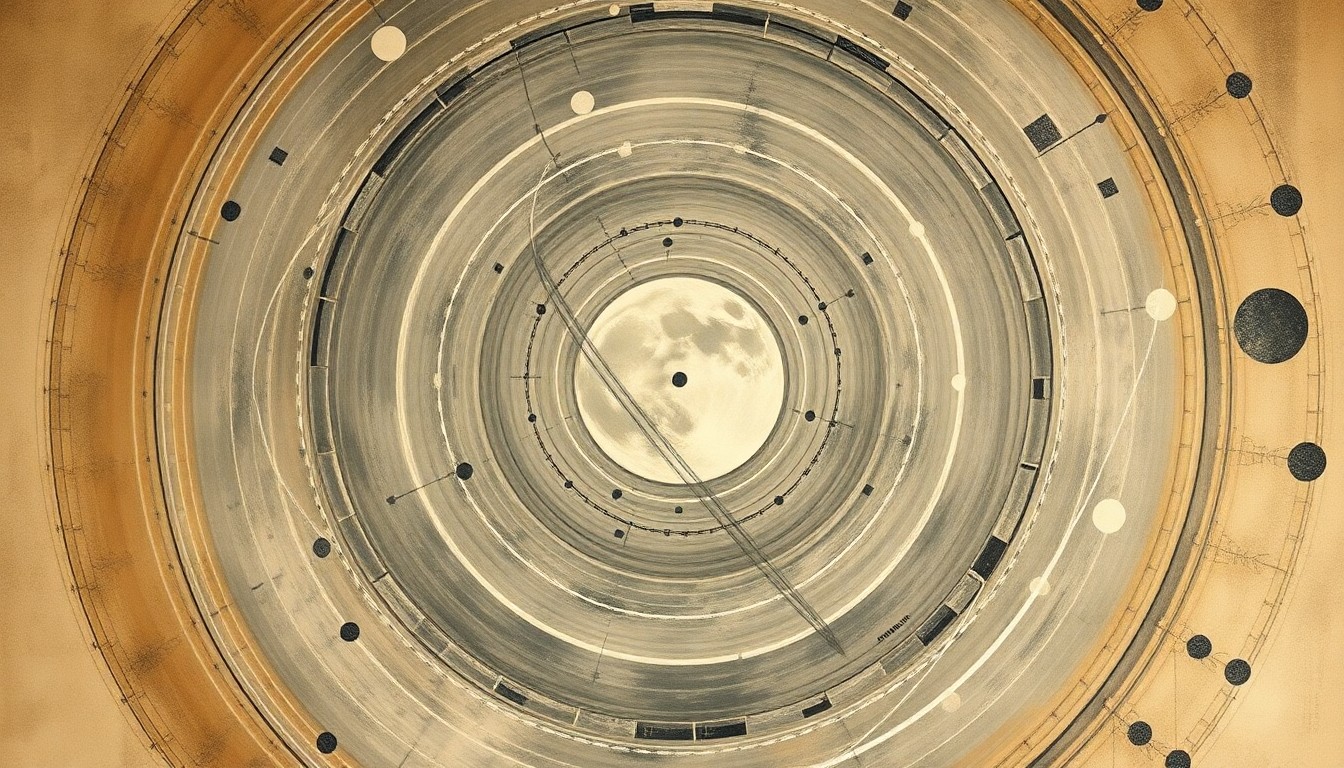 A highly structured abstract painting in soft, earthy tones depicting the Artemis II spacecraft's journey around the moon, with sweeping geometric arcs, concentric planetary circles, and precise celestial spirals, conveying the structural order of the universe.