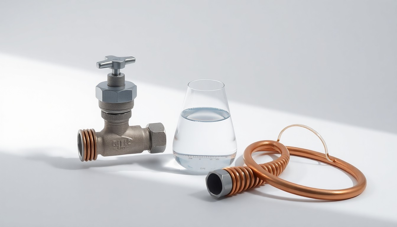 A minimalist studio still life featuring a polished metal water valve, a glass beaker filled with clear liquid, and a coiled copper pipe, all arranged elegantly on a clean white background to conceptually represent water infrastructure and resource management.