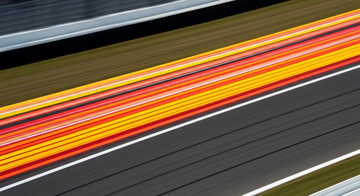 An abstract, blurred image of a race car speeding around a racetrack, with streaks of vibrant color conveying a sense of motion and energy.