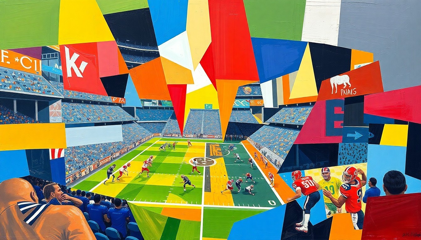 A fractured, abstract painting depicting a football game broken down into sharp, overlapping geometric shapes in bright colors, conceptually representing the dynamic energy of a new UFL team in Oklahoma City.
