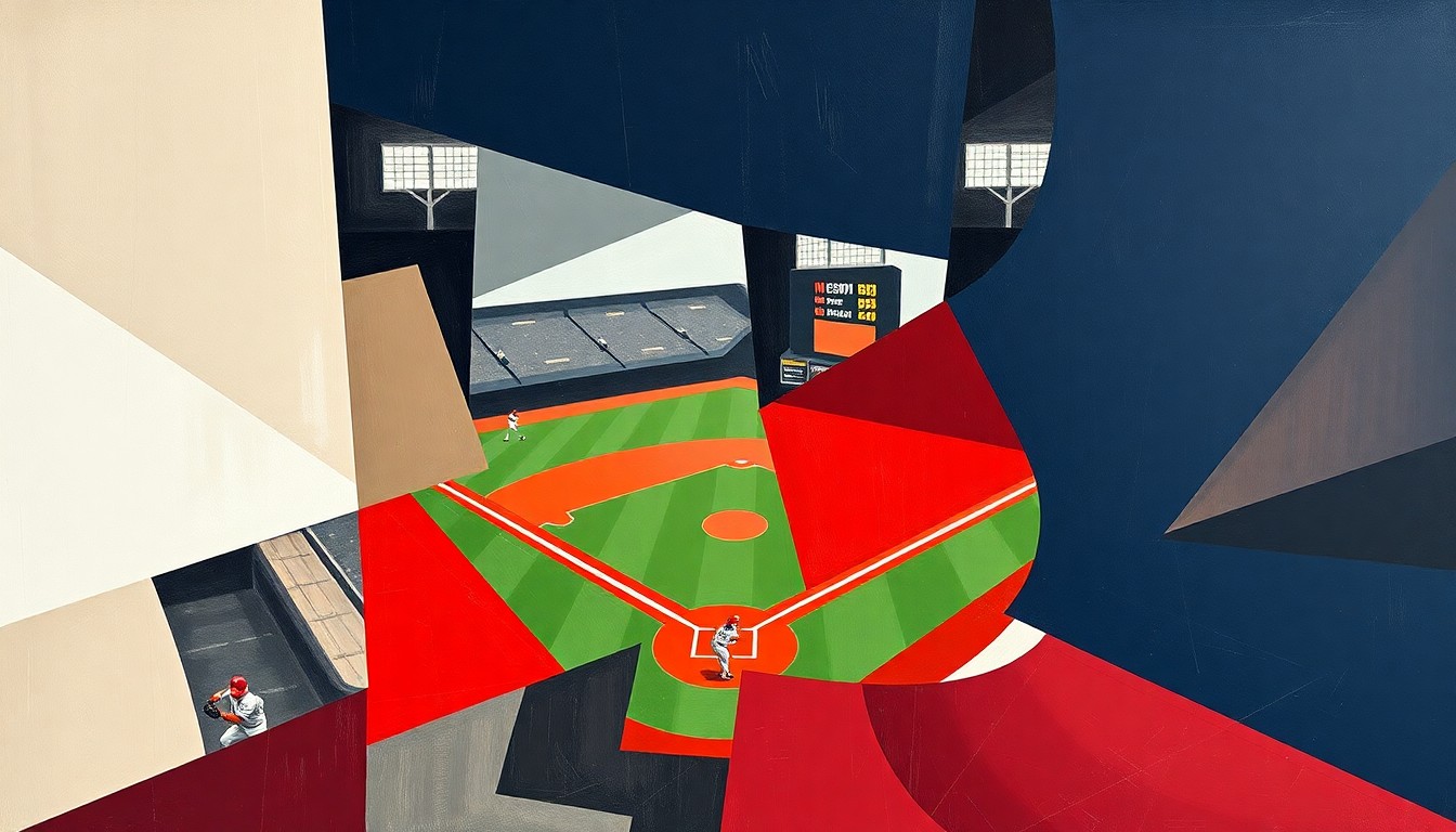 A cubist, geometric painting depicting a fragmented baseball diamond and players, with sharp, overlapping planes in shades of red, white, and navy blue, conceptually representing the roster changes and strategic shifts of a struggling baseball team.
