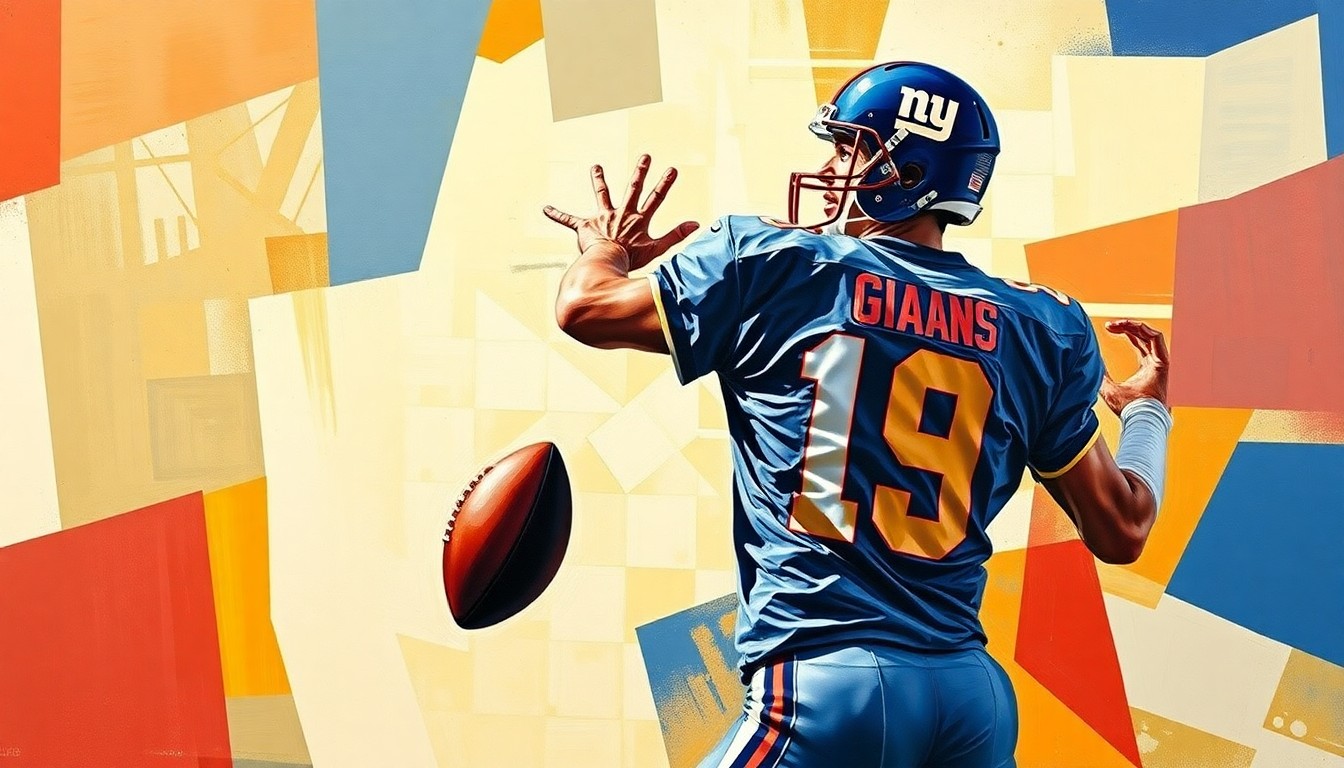 A cubist-style painting depicting a New York Giants quarterback in fragmented, geometric shapes, conceptually representing the team's focus on building around their young signal-caller.