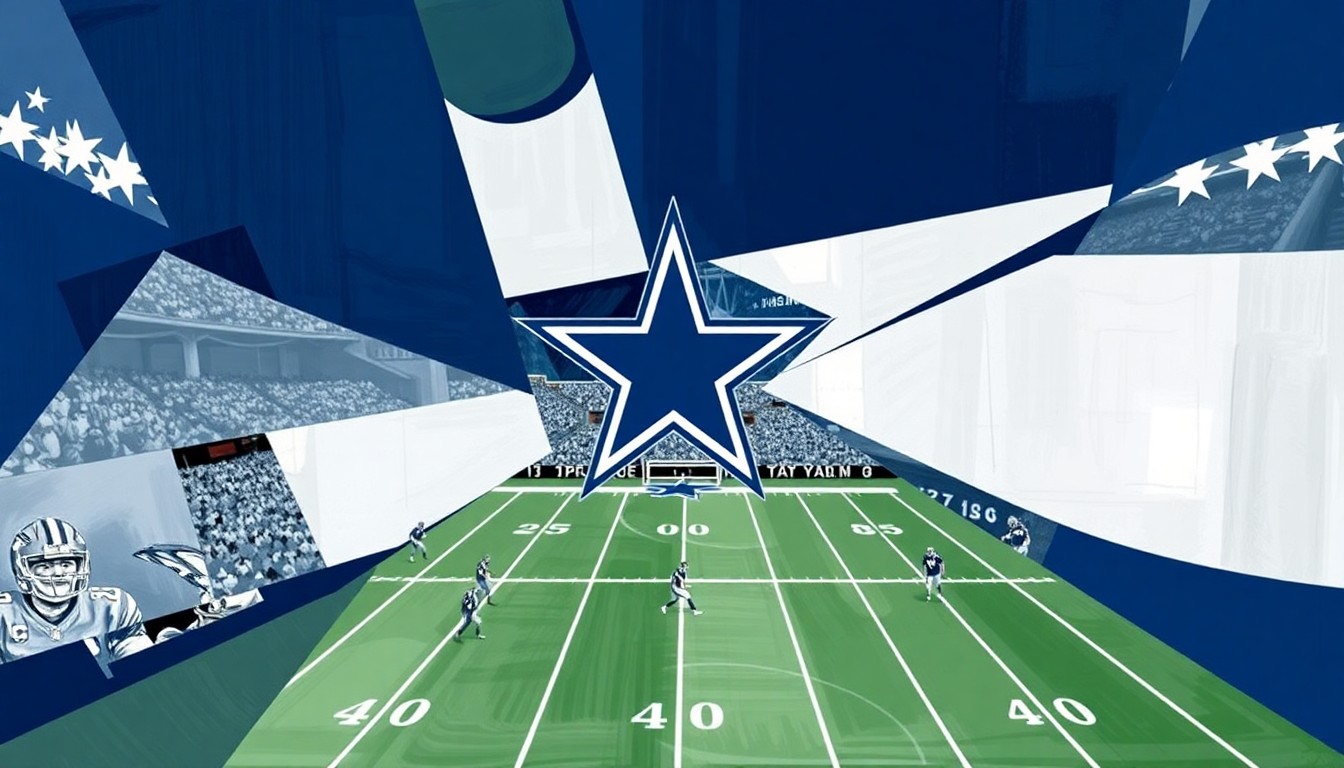 A fractured, geometric painting in navy blue, silver, and white, depicting overlapping planes and shapes that abstractly represent a football game, conceptually illustrating the Dallas Cowboys' dilemma over trading away their star wide receiver.