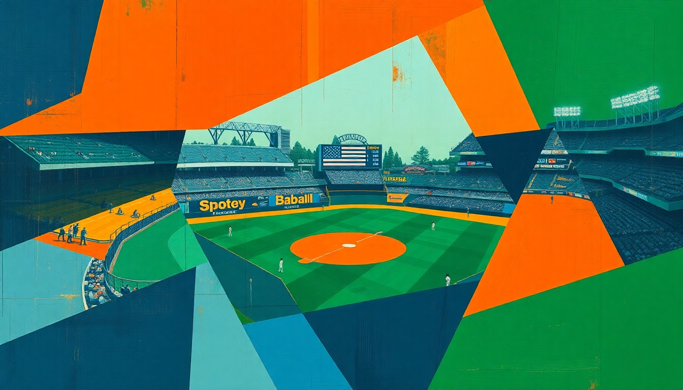A cubist, geometric painting depicting a baseball game or match, with sharp, overlapping planes of navy blue, forest green, and burnt orange, capturing the dynamic energy of the sport.