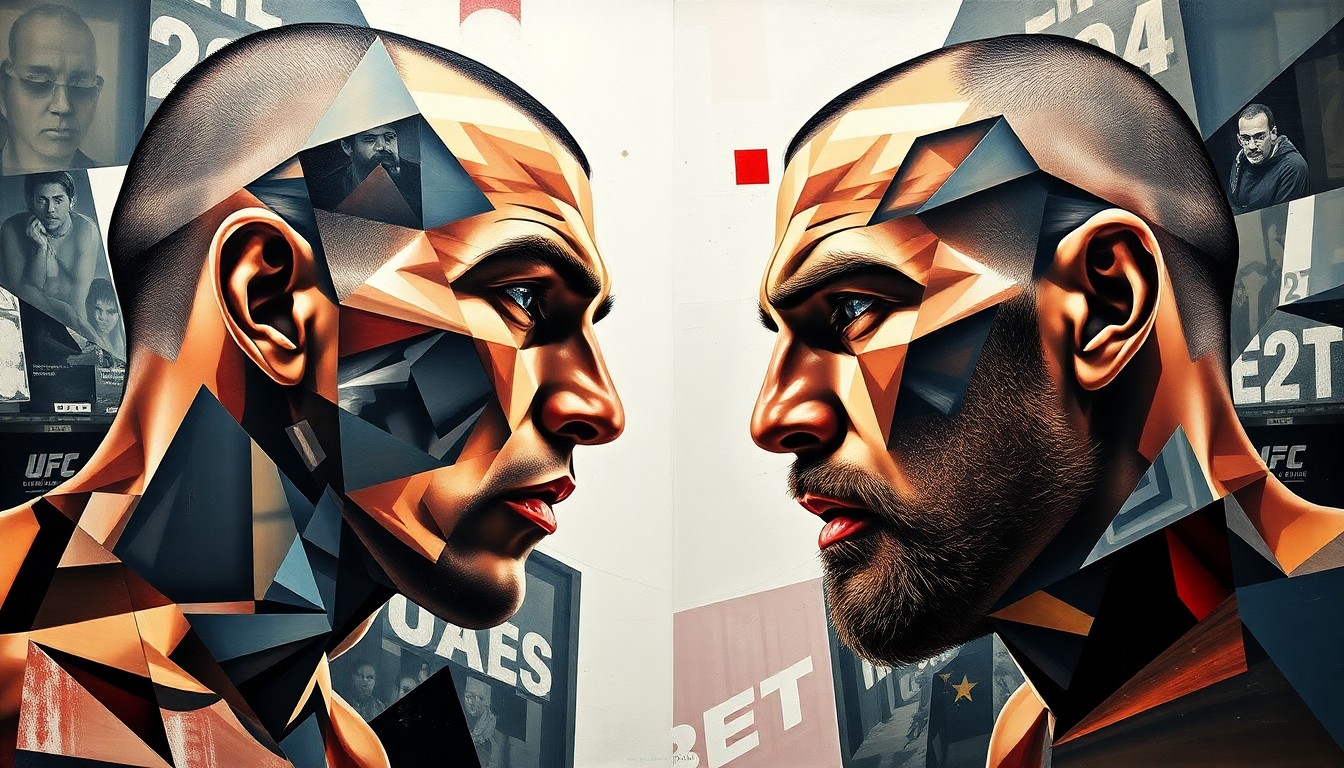 A cubist, geometric painting depicting the UFC light heavyweight title fight between Jiri Prochazka and Carlos Ulberg, with their bodies and faces deconstructed into sharp, overlapping planes of color and shape, conveying the raw energy and tension of the matchup.