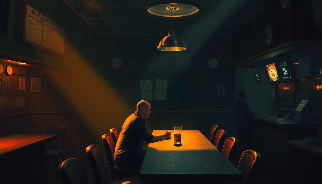A moody, cinematic painting depicting a solitary person sitting at a table in a dimly lit bar, the scene bathed in warm, diagonal sunlight and deep shadows, capturing the contemplative mood around the legalization of online sports betting in Wisconsin.