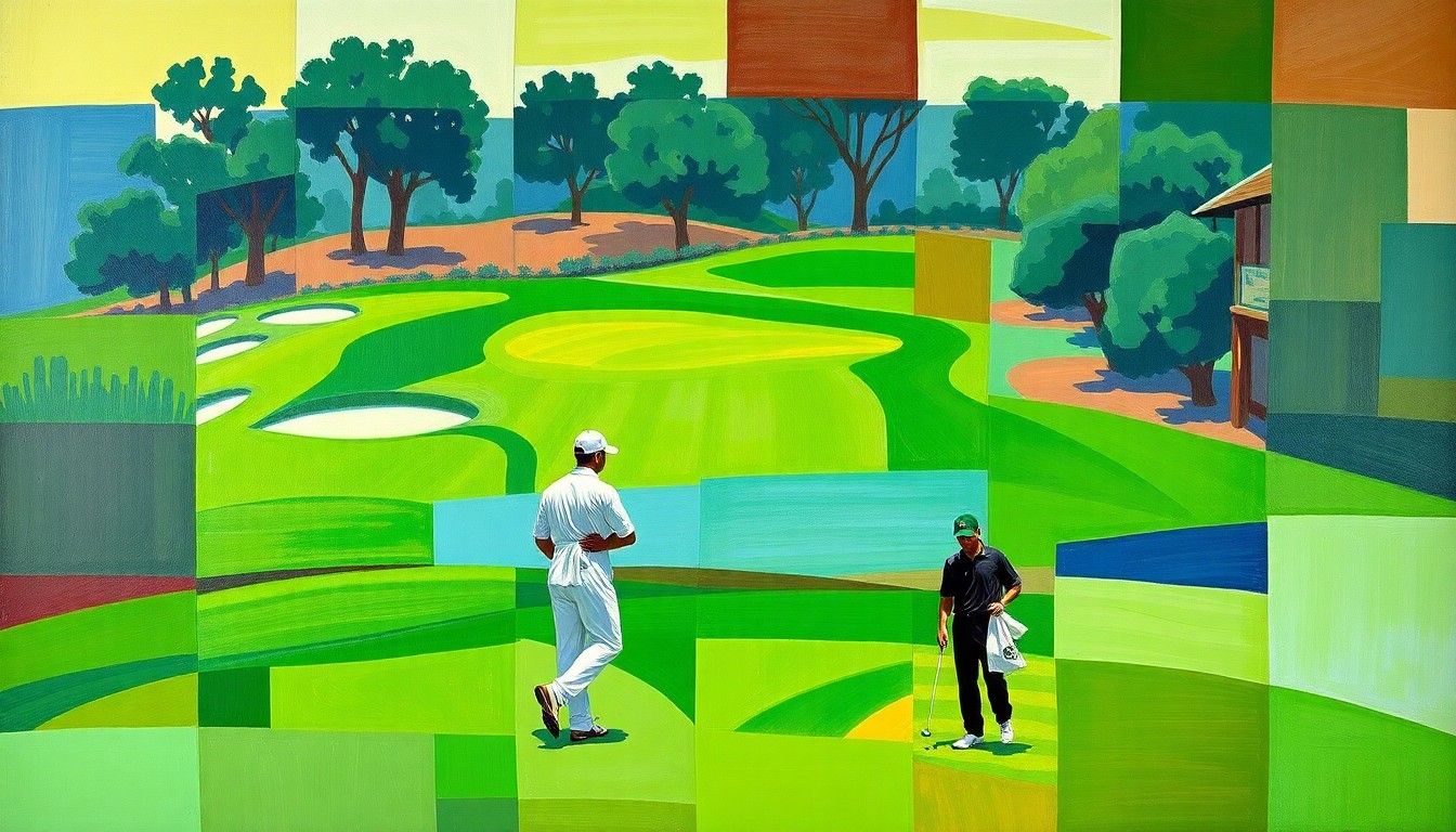 A fragmented, geometric painting depicting a golf course scene with overlapping planes of color, representing the multifaceted struggles facing Tiger Woods and his caddie as they navigate the golfer's latest setbacks.