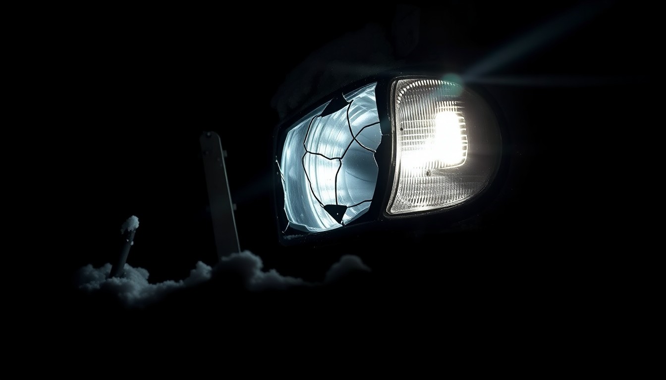 An extreme close-up photograph of a snow plow's twisted metal frame and shattered headlight lens, creating a stark, gritty, investigative aesthetic.