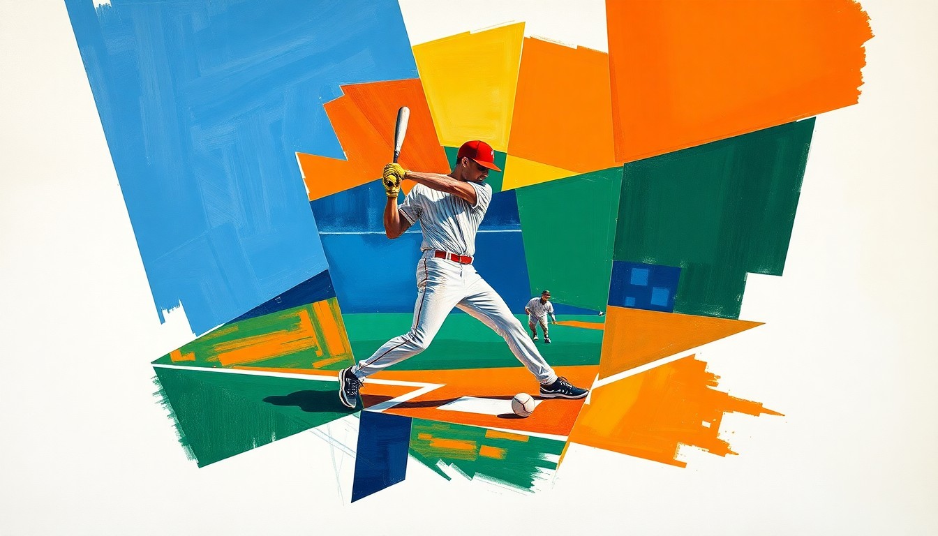 A fragmented, geometric painting depicting a baseball player in motion, with sharp planes of color and form representing the physical toll of injury on an athlete's body.
