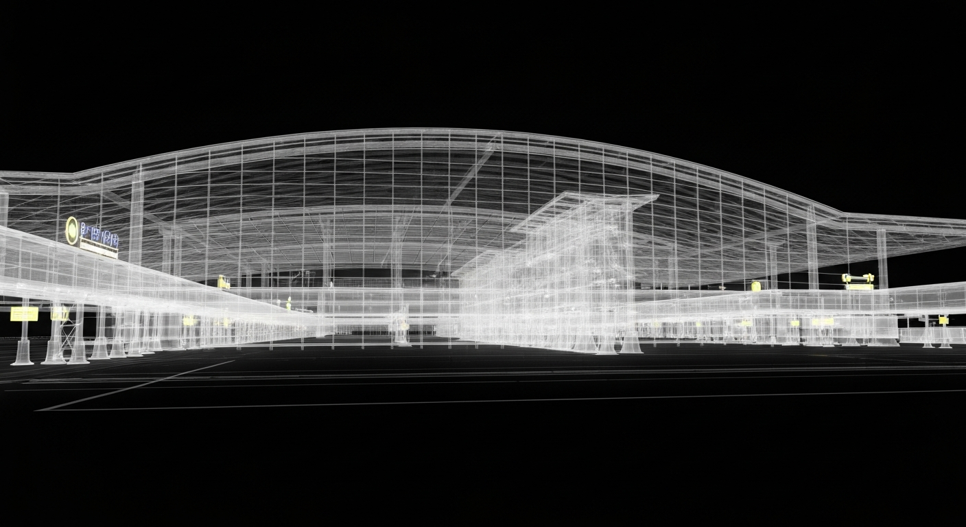 A ghostly, translucent X-ray photograph showing the internal structures of an airport terminal, with the building's framework and architectural elements glowing faintly against a dark background, conceptually representing the unseen public health risks within a busy travel hub.