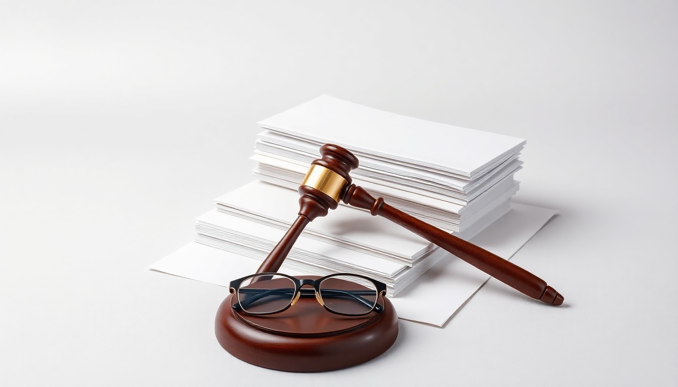 A photorealistic studio still life featuring a stack of legal documents, a gavel, and a pair of reading glasses, symbolizing the abstract concepts of law, regulation, and judicial decision-making.