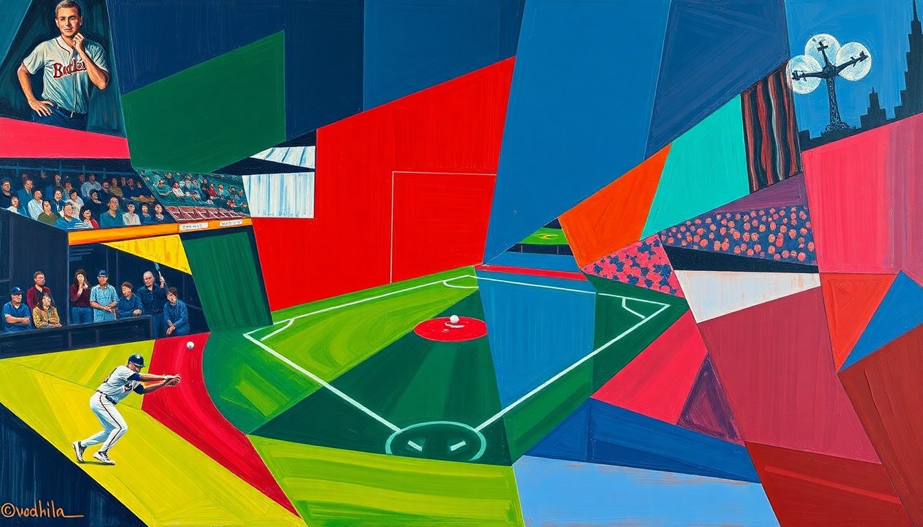 A cubist-style painting featuring overlapping geometric shapes and planes in navy, green, and red, conveying the dynamic action and energy of a baseball game without depicting any specific players or logos.