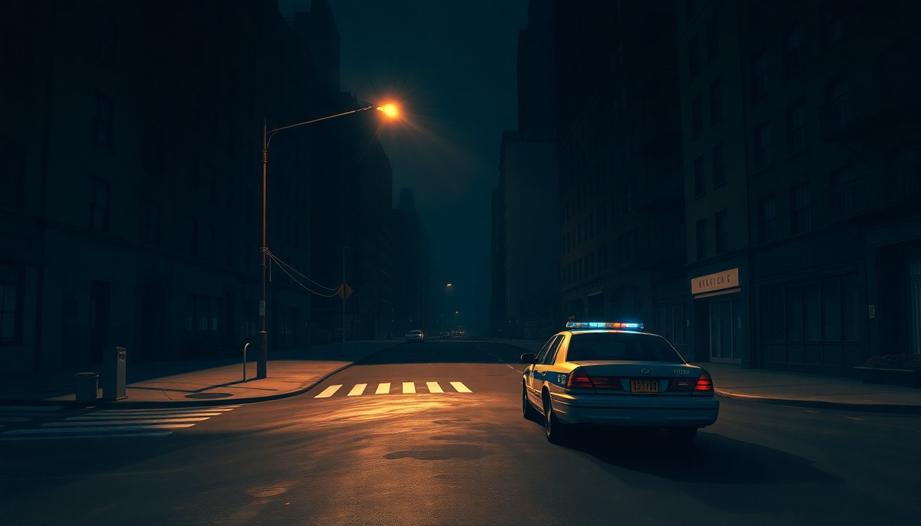 A moody, cinematic painting of an empty city street at night, with a lone police car parked under a streetlight casting long shadows, conveying a sense of tension and uncertainty over the city's public safety policies.