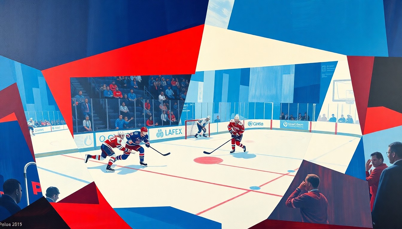 A cubist, geometric painting depicting a hockey player in motion, with sharp, overlapping planes of color representing the dynamic energy of the game.